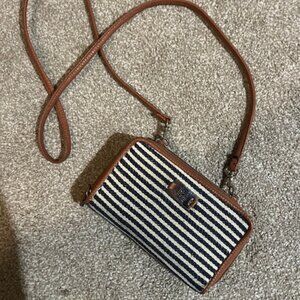 Hand bag with strap, striped design, silver, leather